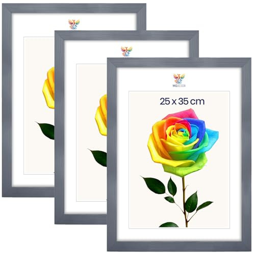 MG Design 3er Set Bilderrahmen 25 x 35 cm – Fotorahmen mit Grau Echtholzrahmen und bruchsicherem Acrylglas, Hoch & Quer zum Aufhängen, zum Aufstellen