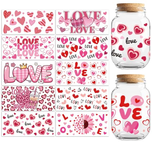 peacoblue 10 fogli di grande formato San Valentino amore UV DTF tazza trasferimento adesivo 24 x 11 cm, parole in pollici DTF trasferimenti mobili per bicchieri di vetro Keraflott mobili vetro legno