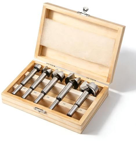 VOBOR Lot de 5 Mèche Forstner Ø 15/20/25/30/35 mm, Foret Bois avec Pointe de Centrage, Tige Ronde, avec Boîte de Rangement, pour Bois Dur et Tendre