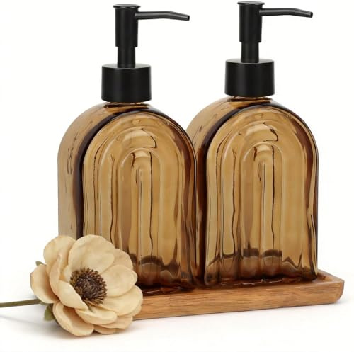 Topsky Glas Seifenspender Set 2 Stück 400 ml mit Holz-Tablett | Elegantes Bernstein-Regenbogen-Muster für Küche & Bad–Nachfüllbare Handseifenspender für Spülmittel und Flüssigseife