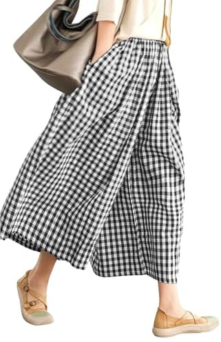 Rapbin Womens Capri Trousers Wide Leg Cotton Striped Elastic Waist Pants | Summer 2026 Casual Gingham Pants with Pockets Relaxed Loose Fit Casual Cropped Pants