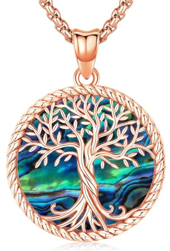 Odinstone Tree of Life Necklace, 925 Sterling Silver Family Tree of Life Pendant for Women, Abalone Shell Tree of Life Jewellery Mothers Day Anniversary Birthday Gifts for Women
