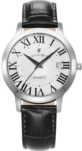 Jacques Du Manoir Genesis Gents Herren Armbanduhr, Edelstahl, 38mm, Lederarmband, Schwarz, 5 bar, Zifferblatt: Silber, Datumsanzeige, Römischen Indizes, JWG04801