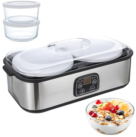 Yogurtiera automatica da 2 l, temperatura regolabile e timer, yogurtiera elettrica con indicatore LED e 2 bicchieri, per la preparazione di yogurt biologico, latticini, formaggio, natto