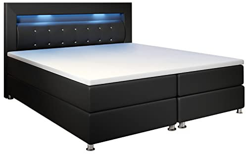 Juskys Boxspringbett Montana 140x200 cm schwarz - Komplett Set mit Matratze und Topper - LED-Licht im Kopfteil - Bett aus Kunstleder und Holz - modern