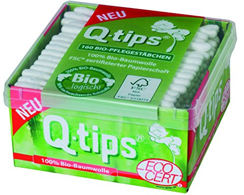 Q-tips Bio-Pflegestäbchen, Würfelbox, 4er Pack(4 x 160 Stück)