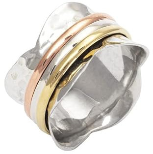 925 Sterling Silver Spinner Ring for Women, Yoga maditation ring three Tone Handmade Ring Worry Ring, Meditation Ring, Thumb Ring, Fidget Rings, Promise Ring Size UK P Gift For Her