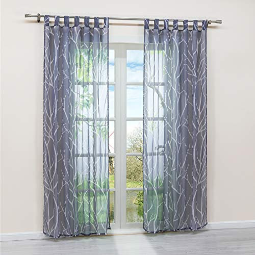 HongYa 1 Stück Schlaufenschal Transparente Gardine Schal Voile Vorhang mit Schlaufen Äste Muster H/B 245/140 cm Grau