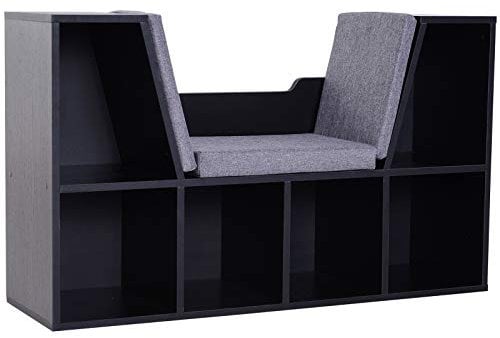 HOMCOM Bookcase Storage Shelf with Cushioned Reading Seat, Cube Bookshelf Organizer for Bedroom Living Room, Black