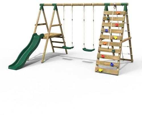 Rebo® Wooden Swing Set with Deck and Slide plus Up and Over Climbing Wall - Jade Green | Children Garden Slide and Swing | OutdoorToys | Kids Garden Furniture | Sturdy Construction