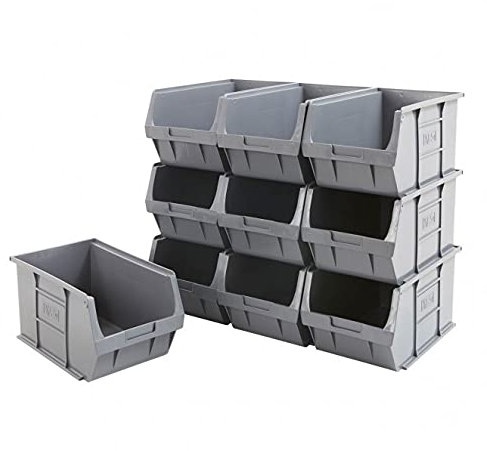 BiGDUG Plastic Parts Bins - Storage Bins For Picking - Pack of 10 - 175H x 200W x 355D mm - Stackable or Wall Mounted Storage - Grey