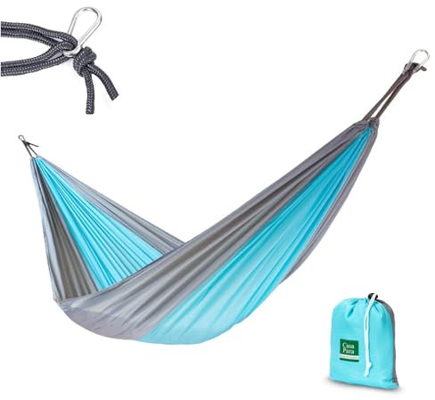 Floordirekt Hängematte, Balkon, Garten, Reisehängematte Ultraleicht inkl. 2 Karabinerhaken, Atmungsaktiv, schnelltrocknend bis 200 kg Tragkraft Fallschirm Nylon Hellblau