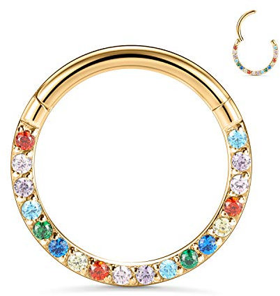 hengkaixuan 16G Septum Schmuck Daith Clicker Ring Conch Hoop Nahtloser Clicker Ring Chirurgischer Stahl Turm Tragus Conch Piercing Schmuck Kleiner Reifen Ohrring Nasenring Hoop Gold 8mm Regenbogen CZ