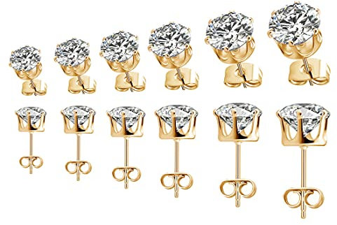Lot De 6 Paires Clous d'Oreilles Ronds En Zircone Plaqués Or Jaune 18 Carats