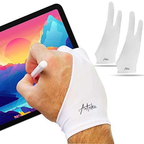 Articka Artist Glove for Drawing Tablet, iPad (Smudge Guard, Two-Finger, Reduces Friction, Elastic Lycra, Good for Right and Left Hand) (Small, White 2-Pack)…