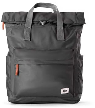 ROKA London Canfield B Small Sustainable Nylon (Graphite) | Compact roll top backpack with wide zip opening, tablet storage, secret pocket, side pockets and adjustable shoulder straps