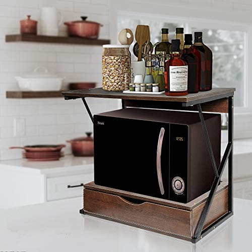 Rainbow Tree 2-Tier Microwave Oven Rack with Drawer for Kitchen, Heavy Duty Microwave Toaster Stand Kitchen Counter Top Organizer, Wooden Baker’s Rack with Metal Frame Brown
