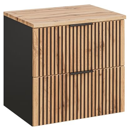 Lomadox Waschtischunterschrank 60 cm Unterschrank mit Waschtischplatte für Aufsatzwaschbecken anthrazit mit Eiche Nb. schwarz gerillt 60,6x59,2x46,5 cm (BxHxT)