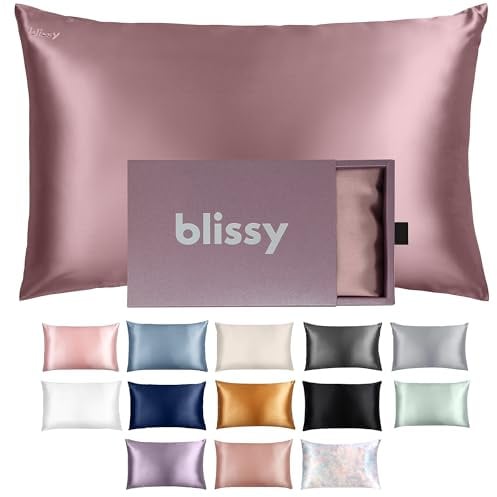 BLISSY Blissy Silk Pillowcase - 100% Pure Mulberry Silk - 22 Momme 6A High-Grade Fibers - Satin Pillow Cover for Hair & Skin - Regular, Queen & King with Hidden Zipper (Queen, Plum)