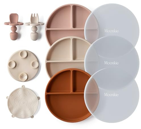 Moonkie Platos Silicona para Bebé, 3 Piezas Antivuelco con Tenedor y Cuchara, Plato Ventosa, Apto para Lavavajillas, Refrigeradores y Microondas (Blush/Amarillo Tierra)