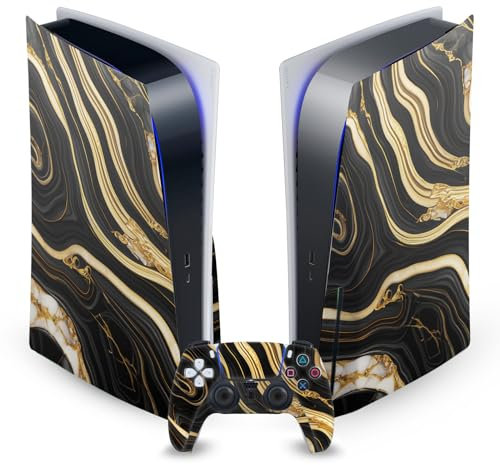 Head Case Designs Schwarz Und Gold Marmor Vinyl Frontplatte Haut Gaming Aufkleber kompatibel mit Sony PlayStation 5 PS5 Disc Edition Console & DualSense Controller