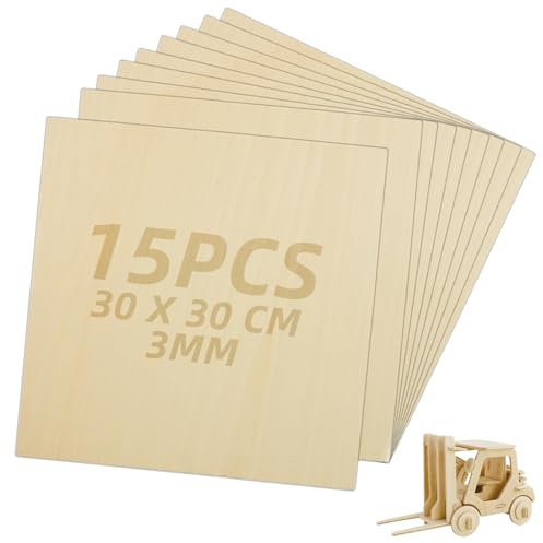 WOPPLXY 15 hojas de madera contrachapada de 3 mm, hojas de tilo de 30 x 30 cm, hojas de madera en blanco para manualidades, modelos, pintura, grabado