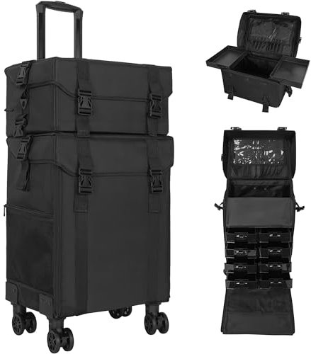 AKOZLIN 2 in 1 Makeup Case Travel Makeup Trolley with Storage Drawers Black Professional Cosmetic Organizer Case Large Capacity Makeup Tool Box Beauty Box with Universal Wheels