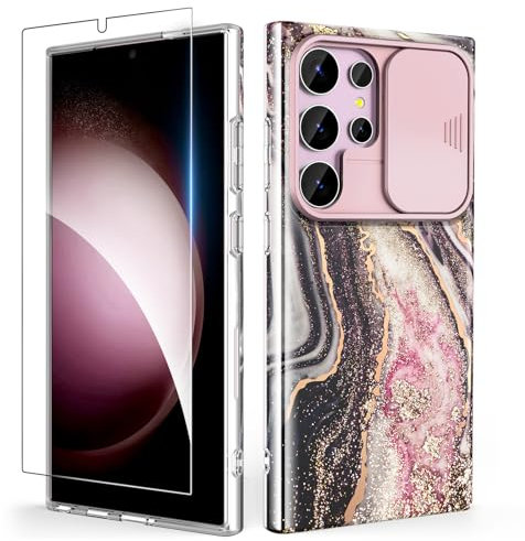SHEDEER for Samsung S24 Ultra Case with Slide Camera Cover + Screen Protector, Samsung Galaxy S24 Ultra Case Slim Fit Lightweight, Glossy Fade-Resistant Pattern Design Phone Cover (Black)