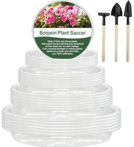 BORPEIN Pflanzen Untersetzer (12, 17, 21, 26cm 24Pack) Blumentöpfe Untersetzer Dicker Klarer Kunststoff Pflanzenschalen für Töpfe Drinnen Draußen Langlebig