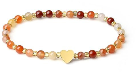 MetJakt Handgemachter Naturstein Perlenarmband 4MM Mini Stretch Armband Energiearmbänder 18k vergoldet Herz Armbänder für Damen Damenschmuck Echtes (Goldener Glücksjade)