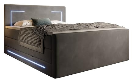wonello Monaco Boxspringbett 180x200 mit Bettkasten und LED-Beleuchtung - gemütliches Bett mit LED - Stauraumbett 180 x 200 cm mit Matratze und Topper - Samt-Stoff anthrazit - H2/H3