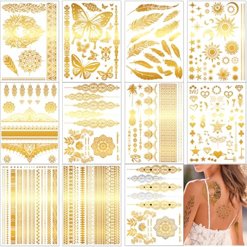 Sugeru Neue 11 große Blatt Gold Metallic Temporäre Tattoos Festival Zubehör | Musik Festival Accessoires | Festival Glitzer Gesicht | Henna Tattoo | Flash Tattoos Aufkleben Damen (11PCS)