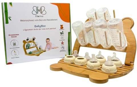 BMB HOME Égouttoir à Biberon Pliable en Bambou avec Oreilles d’Ours – Idée Cadeau Écologique et Ludique avec Sac et Brosses Incluses, Accessoire Bébé pour Parents Écoresponsables