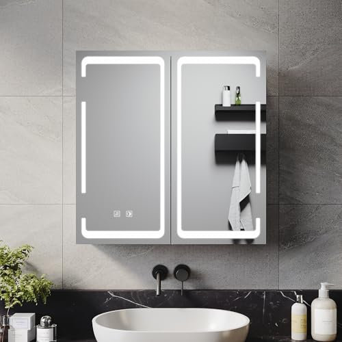 ELEGANT LED Bathroom Cabinet - Two-Door 590 x 600mm Illuminated Mirror with Demister, Three-Color Dimming, Wireless Hinge