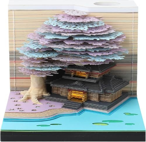 Starnearby 3D-Notizblock, 3D Kalender Abreißen 2025, 2025 Tischkalender-Notizblock mit Licht, Kreative Magic Baum Haftnotizen, Papierskulptur Desktop Ornament (Lila Baum mit Licht)