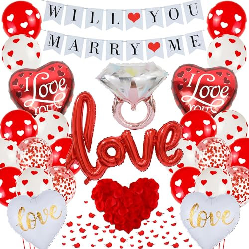 Will You Marry Me Luftballon, 44 Stück Heiratsantrag Deko Will You Marry Me Banner Rote Herzballons Diamant Ring Love Folienballon Rosenblätter für Antrag Hochzeit Valentinstag Geständnis Verlobung