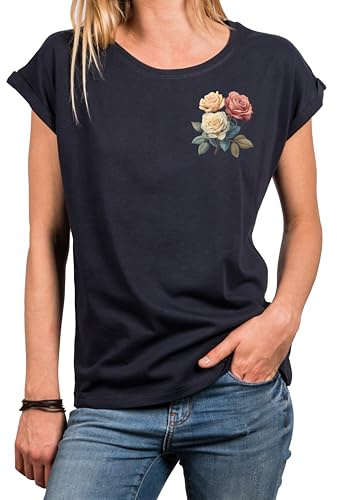 MAKAYA Damen Shirt mit Blumenmuster Vintage Rosenprint Kurzarm Sommer Top Blumen Oberteil Rosen Aufdruck Frauen Blau XL