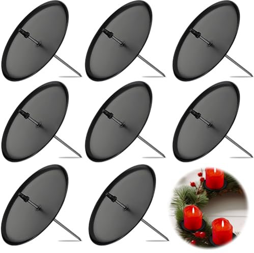 8 Stück Kerzenhalter Adventskranz, Ø 6 cm Schwarz Adventskerzenhalter, Kerzenhalter Metall mit Dorn, Weihnachten Kerzenteller für DIY Adventskranz Deko