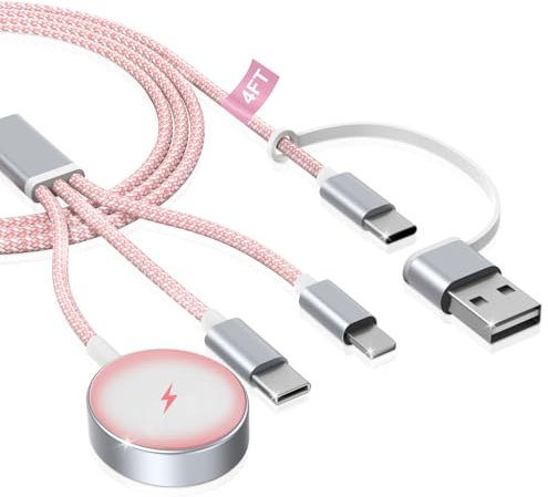 imodomio for iPhone and Apple Watch Charger USB C - 3 in 2 for iPhone Watch Charger, 1.25M Nylon Braided Fast Chargers for iWatch Series 10/9/8/Se/Ultra & i Phone 16/15/iPad - Pink