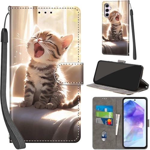 Handyhülle für Samsung Galaxy A55 5G Klapphülle Leder Wallet Katze | 3 Kartenfächer & 1 Geldfach, Magnetverschluss, Ständerfunktion, robuste premium PU leder klapphülle für Samsung A55 5G