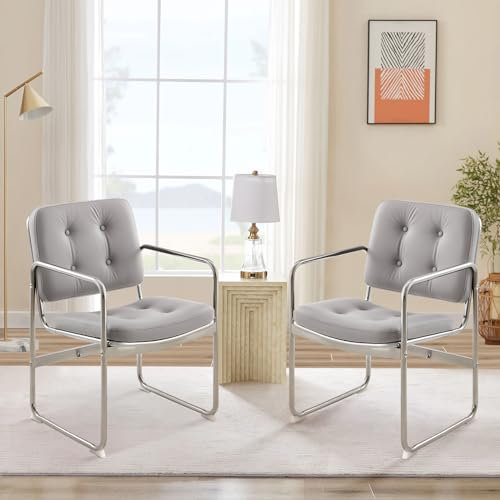 COLAMY Modernes Essstuhl-Set 2er, Knopfgepolsterter PU-Leder-Esszimmerstuhl mit Metallbeinen für Zuhause/Wohnzimmer/Büro/Esszimmer, Grau