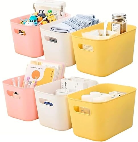 6L Durable Plastic Storage Boxes, Small Multi-Purpose Cupboard Organizer Boxes for Kitchen, Office & Bathroom, 25.5x16.5x15 cm, Mixed Colours (White, Yellow, Pink)