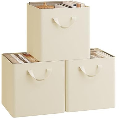 WOLTU Faltbare Aufbewahrungsboxen 3 Stück, Stoffboxen mit Griffen und Metallrahmen, Aufbewahrungswürfel für Wohnzimmer, Schlafzimmer, Arbeitszimmer, Mehrzweck, Creme, 29,5x29,5x28,5cm