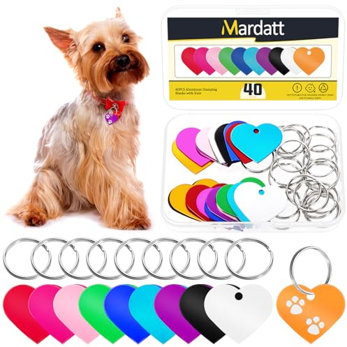 Mardatt Lot de 40 étiquettes vierges en aluminium avec porte-clés - 10 couleurs - En forme de cœur - Gravure vierge - Pour chien, animal domestique - 38 x 33 x 1 mm