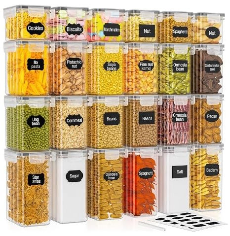 Storivo Food storage Vorratsdosen 24er Set – luftdichte Aufbewahrungsbox mit Deckel, Küchen Organizer für Mehl, Zucker, Müsli & mehr, inkl. Etiketten & Marker, für Küche & Kühlschrank, 33,6 L