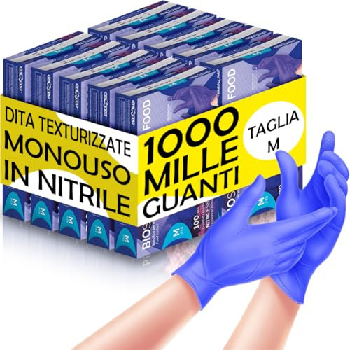 BAKAJI 1000 x Guanti Nitrile Monouso Colore Blu Cobalto, Senza Polvere e Lattice, Ipoallergenici, Bio Soft, Dita Texturizzate, Adatto all'Uso Medico, Alimentare, Cucina, Casa, Pulizie (M)
