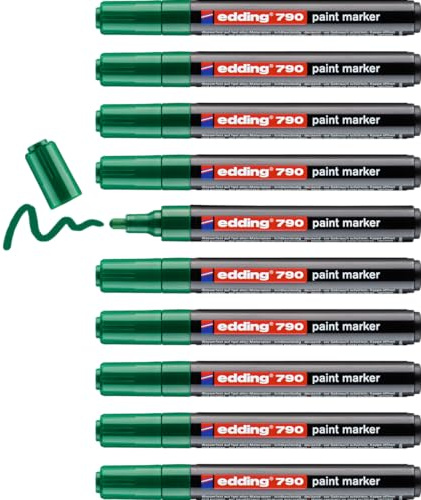 edding 790 paint marker - green - 10 pens - round nib 2-3 mm - paint marker for marking and labelling metal, glass, stone or plastic - highly opaque, permanent, smudge-proof