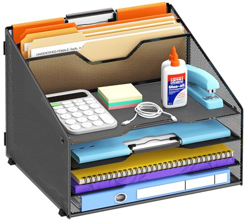 ReePlan Desk File Organiser, Mesh File Holder with 4 Paper Trays and 2 Vertical Upright Sections, for Home Office Supplies, Black