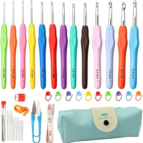 54 Stück Häkelnadel Set, Häkelset für Anfänger | Gummi Häckelnadeln Crochet Set mit 14 Größen (2-10 mm), ergonomischer Griff, Häkeltasche, für erfahrene Häkelliebhaber