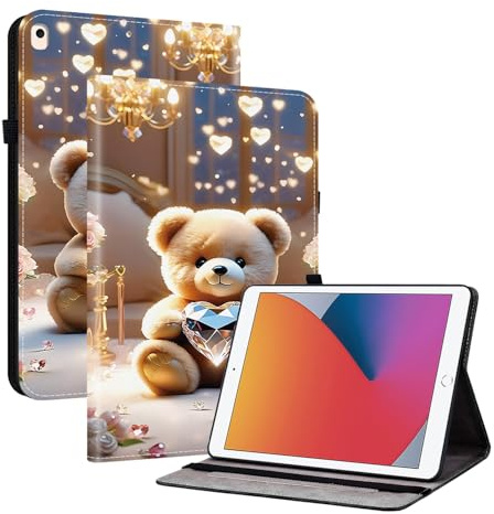 Hülle für iPad 10,2 Zoll, 9./8./7. Generation (2021/2020/2019), Falt Klapp Schutzhülle Dünne Leichte Stand und Kartensteckplatz Tablet Auto Schlaf/Wach Case Cover, Diamantbär